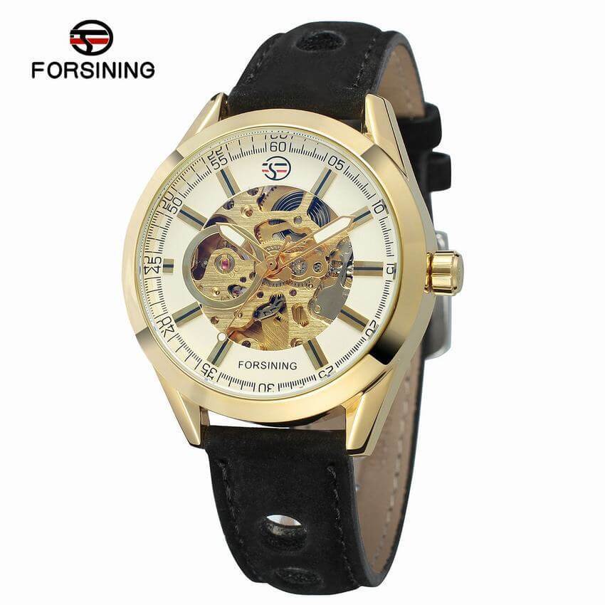 นาฬิกาข้อมือ Forsining สายหนังดำ เรือนทอง หน้าปัดสีไข่ รุ่น FNL103
