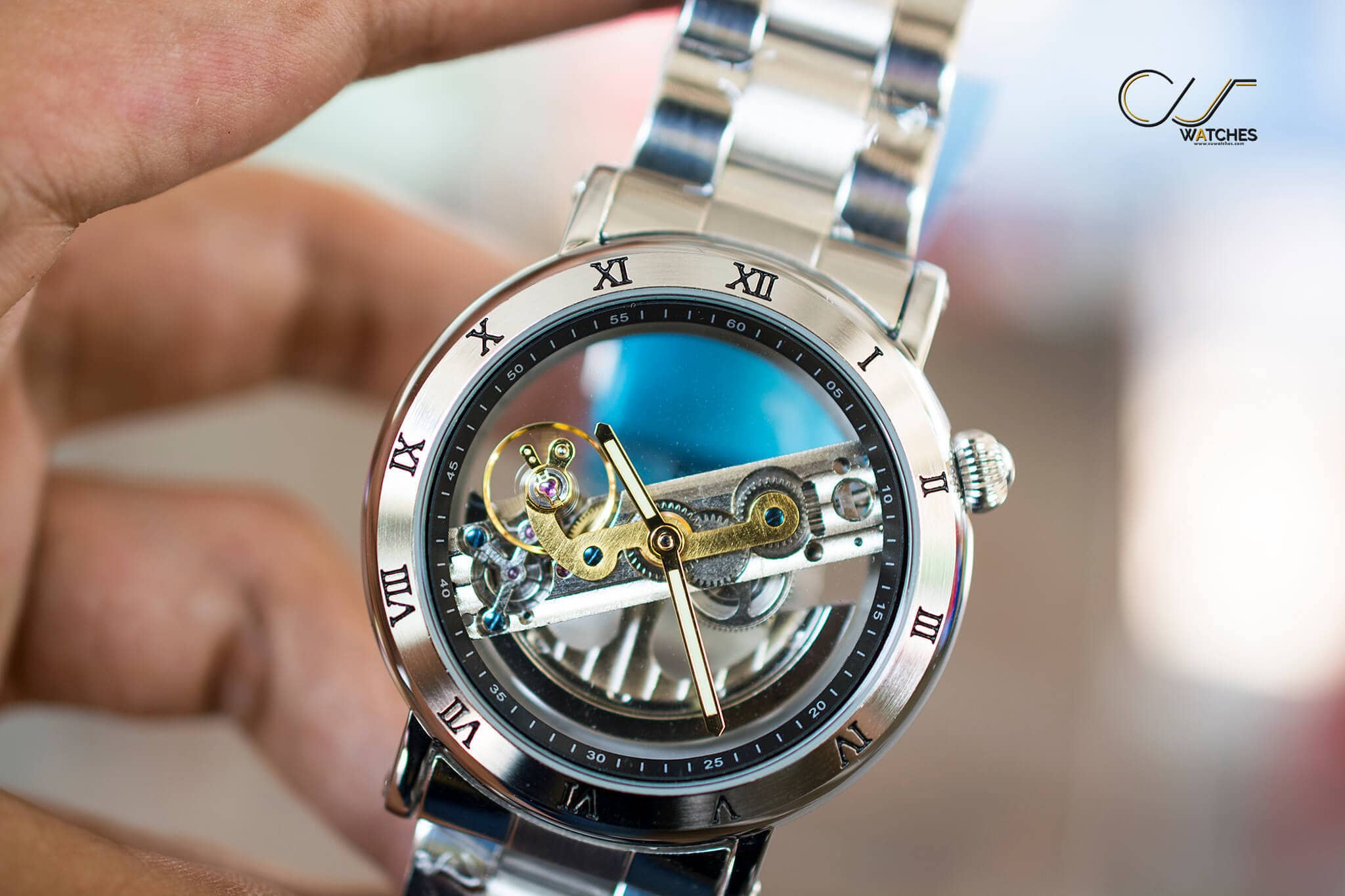 นาฬิกาข้อมือ Forsining สายสแตนเลส ขอบเงิน รุ่น S1003