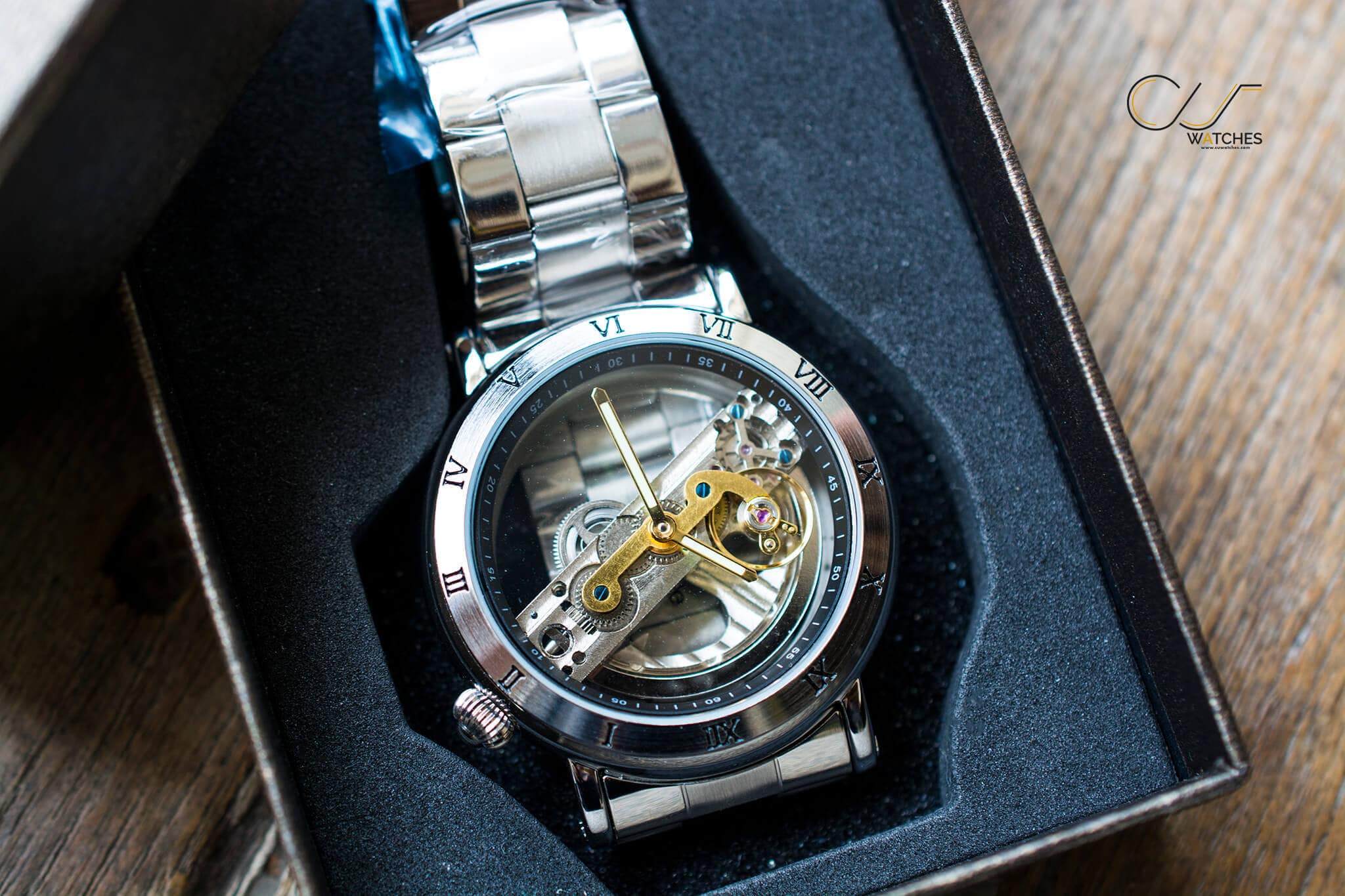 นาฬิกาข้อมือ Forsining สายสแตนเลส ขอบเงิน รุ่น S1003