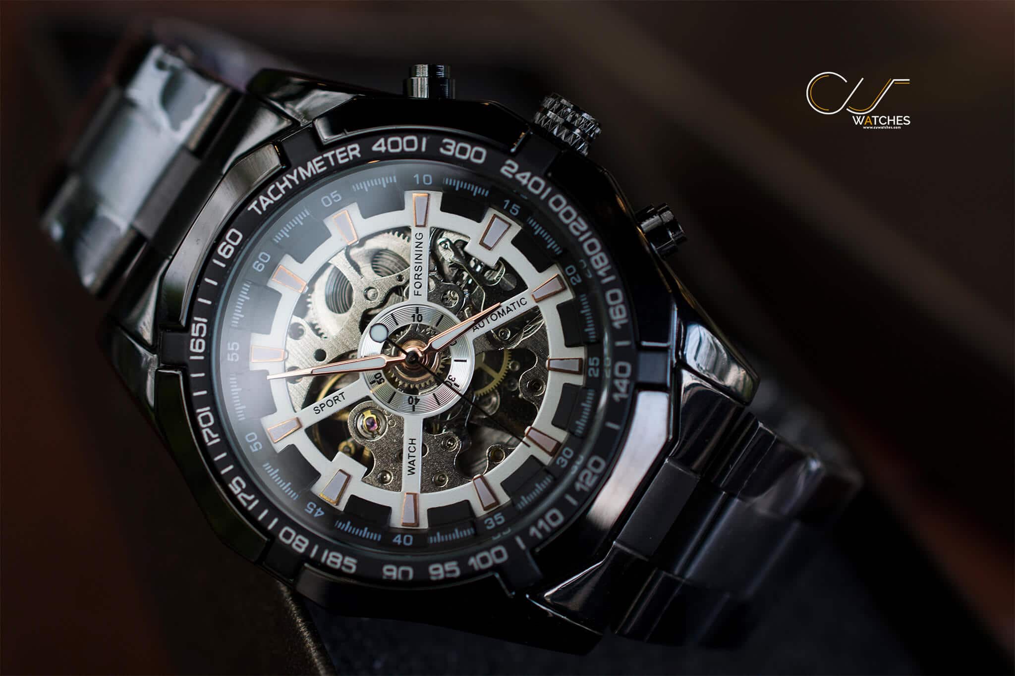 นาฬิกาข้อมือ Forsining สายสแตนเลสดำ หน้าปัดขาว รุ่น GMT101