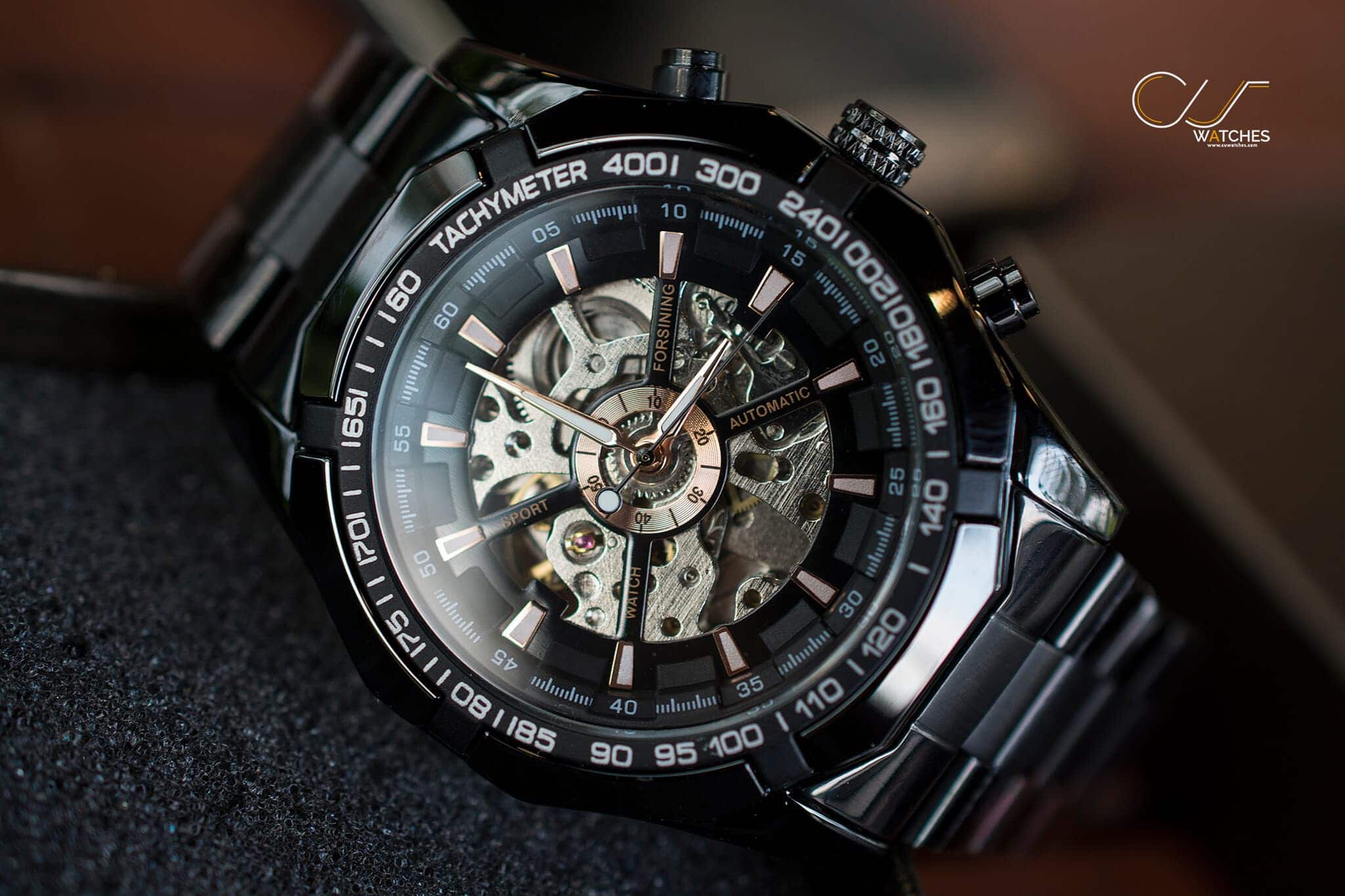 นาฬิกาข้อมือ Forsining สายสแตนเลสดำ หน้าปัดดำ รุ่น GMT101