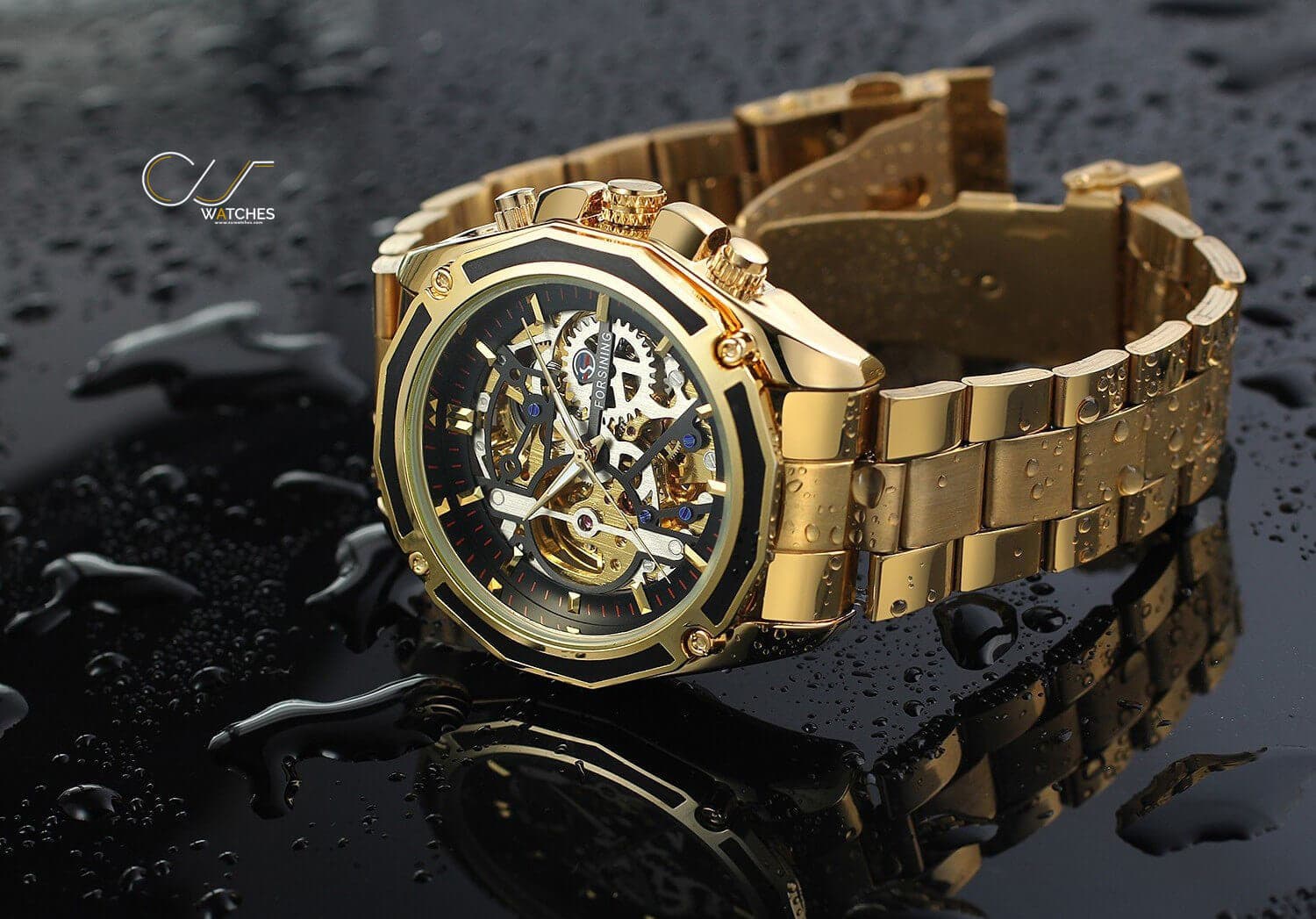 นาฬิกาข้อมือ Forsining สายสแตนเลสทอง รุ่น GMT982
