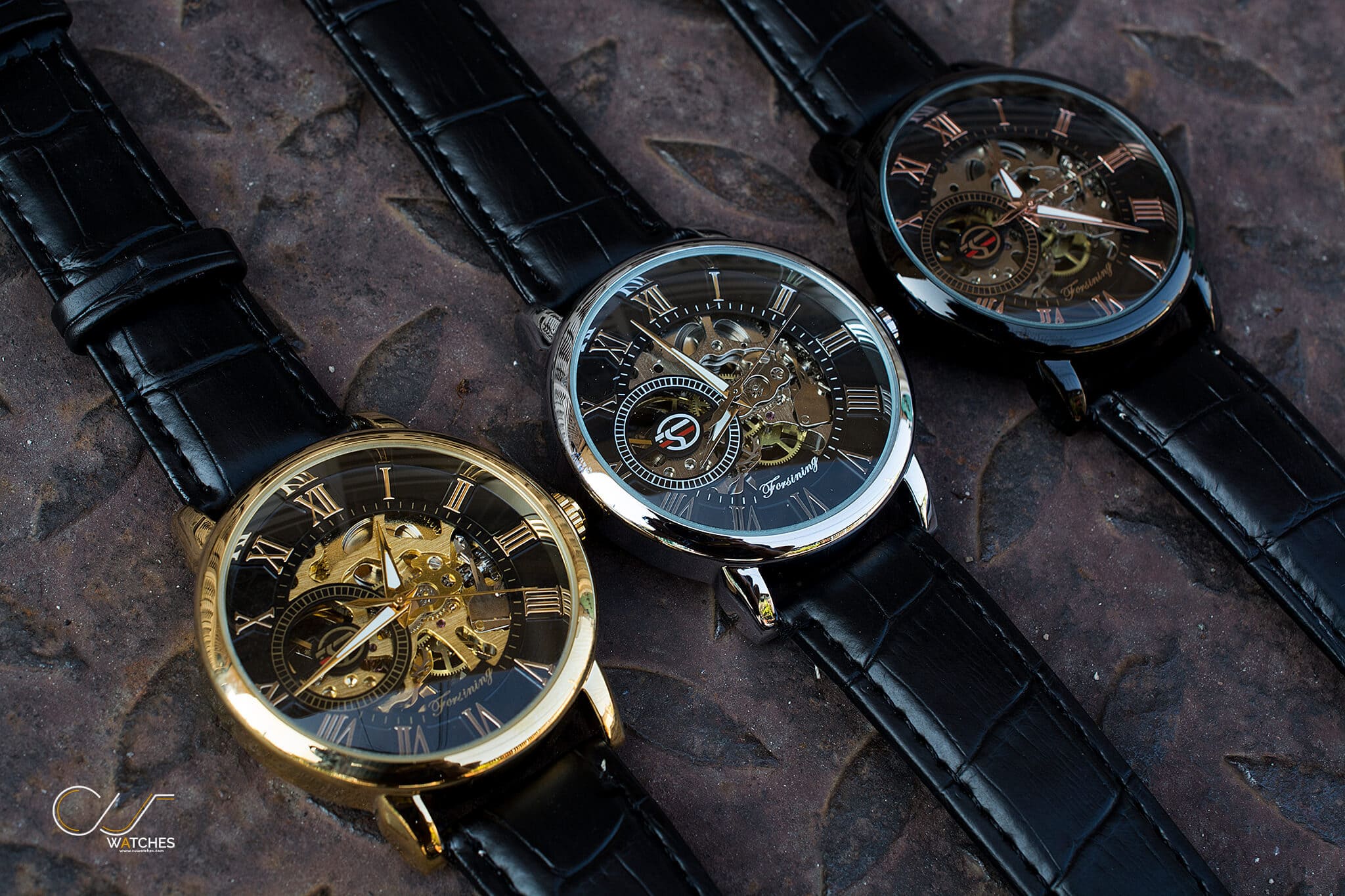 นาฬิกาข้อมือ Forsining สายหนังดำ เรือนเงิน รุ่น GMT838