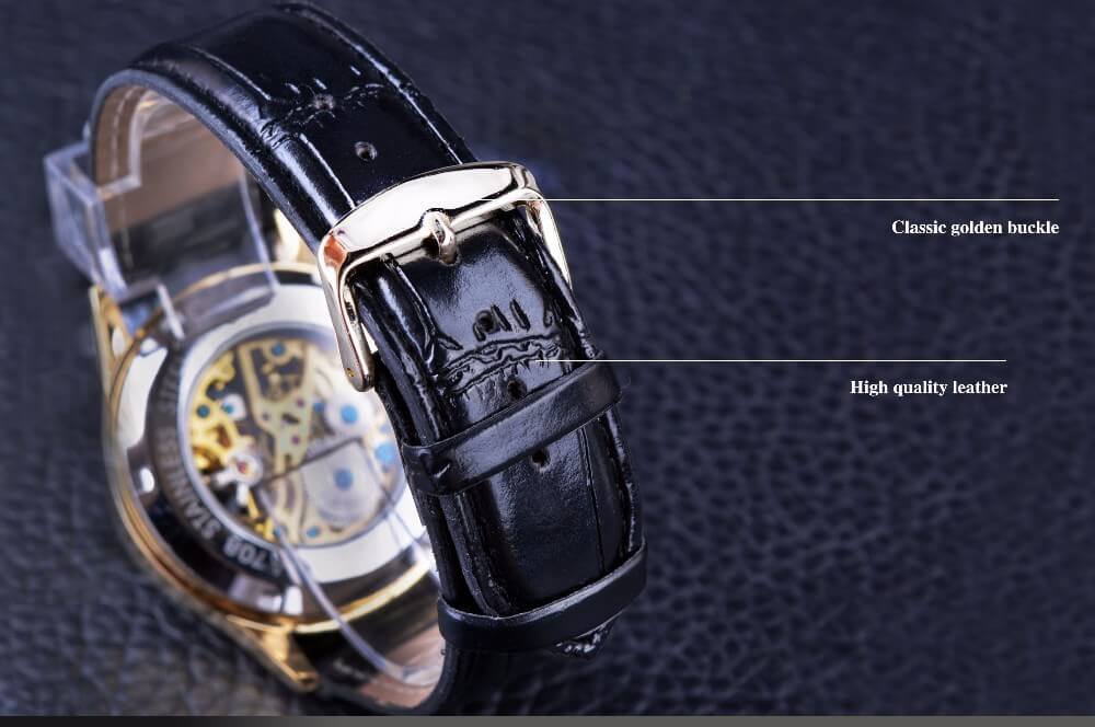 นาฬิกาข้อมือ Winner สายหนังดำ เรือนทอง รุ่น GMT945