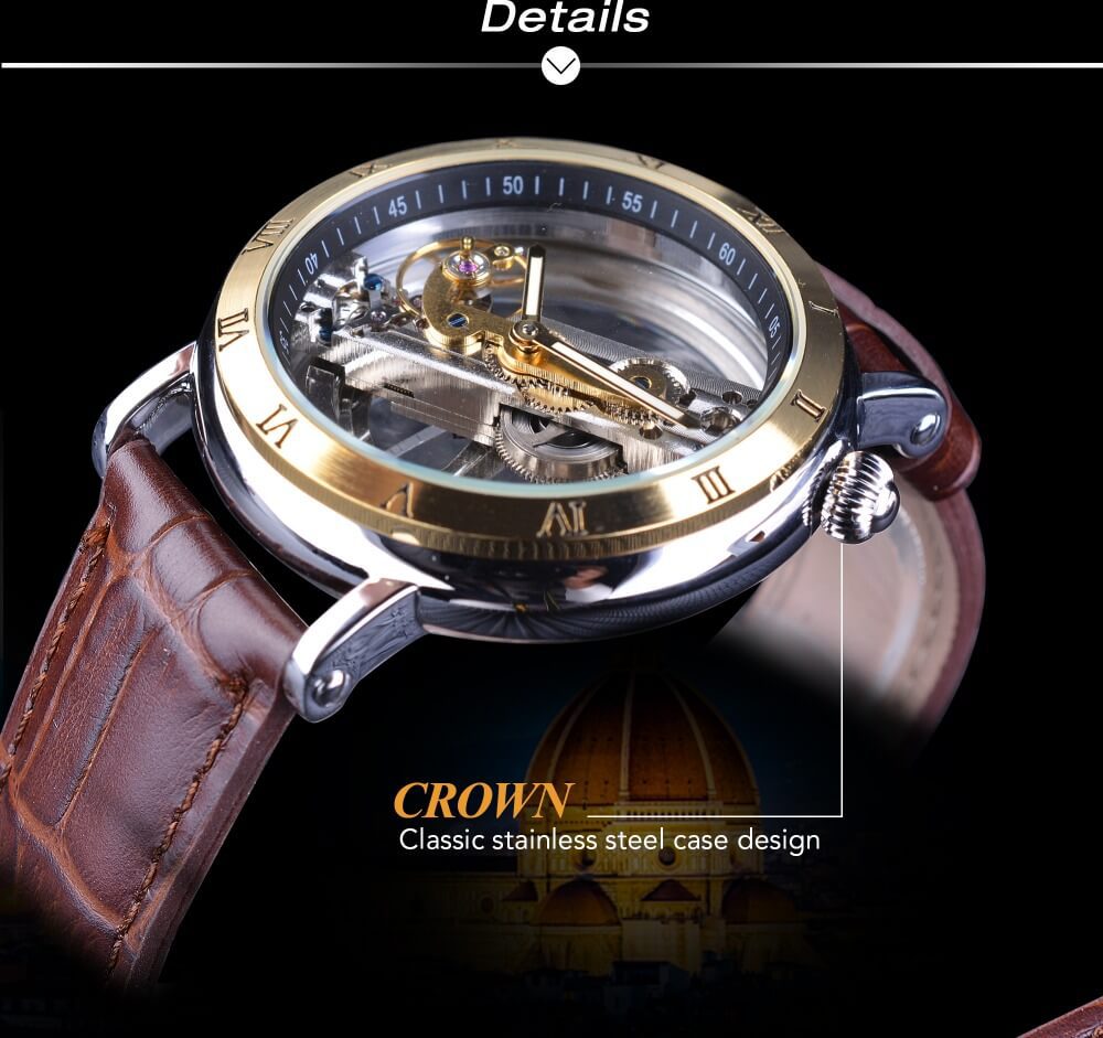 นาฬิกาข้อมือ Forsining สายหนัง ขอบทอง รุ่น S1002