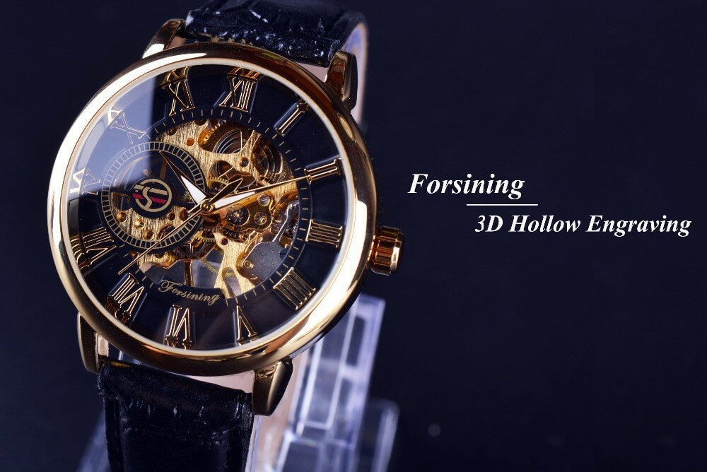 นาฬิกาข้อมือ Forsining สายหนังดำ เรือนทอง รุ่น GMT838