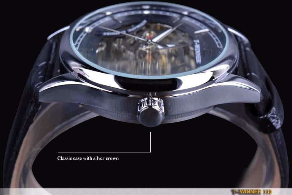 นาฬิกาข้อมือ Winner สายหนังดำ เรือนเงิน รุ่น GMT945
