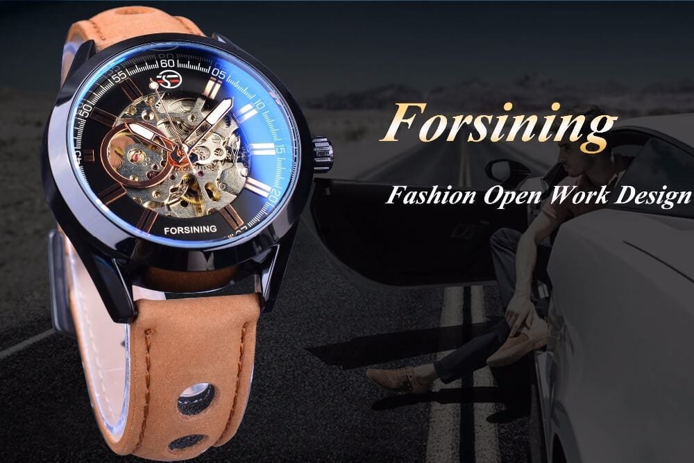 นาฬิกาข้อมือ Forsining สายหนังดำ เรือนดำ หน้าดำ รุ่น FNL103