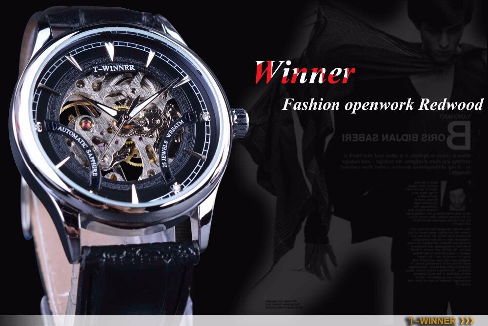 นาฬิกาข้อมือ Winner สายหนังดำ เรือนเงิน รุ่น GMT945