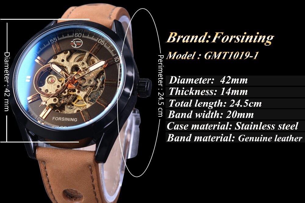 นาฬิกาข้อมือ Forsining สายหนังดำ เรือนดำ หน้าดำ รุ่น FNL103